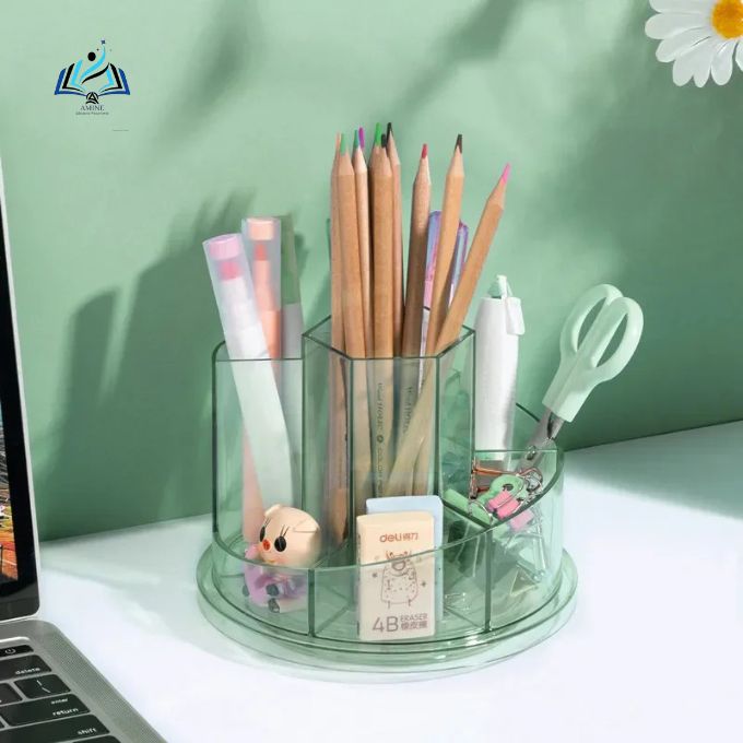 Porte-stylo Rotatif à 360° – Transparent avec 5 Compartiments